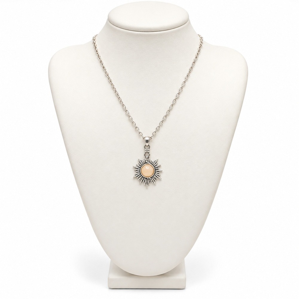 Silver Tone Sunburst Pendant Necklace Yellow Resin Cabochon 18-20 In Cable Chain
